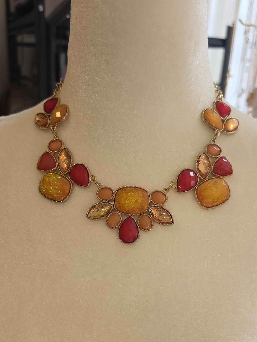Forever 21 Gold-Tone Red and Orange Gem Bib Necklace
